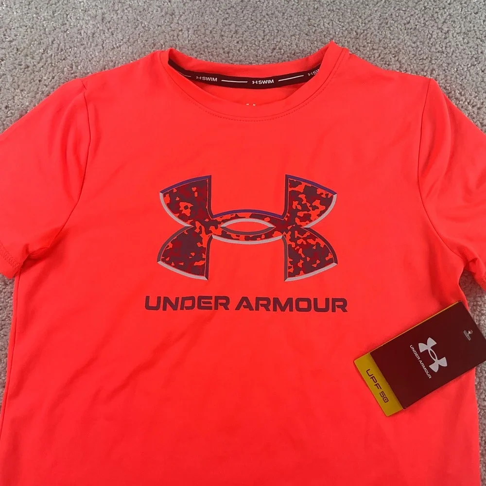 Under Armour Boys‎ Youth Small Neon Orange UPF 50+ Swim Shirt Rash Guard NWT